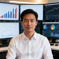 一位35岁的男性体育数据分析师头像，穿衬衫，背景为多屏幕工作台展示各种数据图表